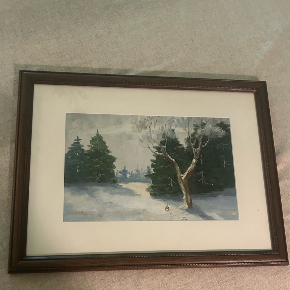 Original Oil Painting Snow Rabbit by Inez Tatum 1893-1992 professionally framed